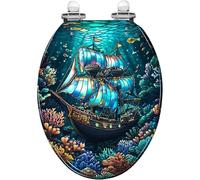 Sedile WC allungato generico con chiusura lenta e silenziosa e sgancio | Decorazione murale a forma di nave pirata color corallo dai colori vivaci, realizzata in resina, facile da pulire, facile da