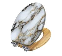 Sedile WC allungato in legno con coperchio, chiusura morbida, cerniere a sgancio rapido, facile installazione, lussuoso arredamento da bagno in marmo bianco e oro.