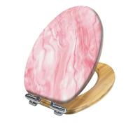Sedile WC allungato in legno con texture effetto marmo, bianco e rosa, chiusura silenziosa, cerniere a sgancio rapido, facile installazione, copriwater decorativo
