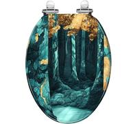 Sedile WC allungato in resina, complemento d'arredo per il bagno. | Decorazione mistica a tema foresta con intricati dettagli di flora e fauna, sistema di chiusura ammortizzata, cerniere a