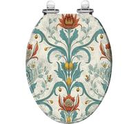 Sedile WC allungato in resina, complemento d'arredo per il bagno. | Motivi floreali vintage vittoriani nei colori rosso, verde acqua e giallo, cerniere a sgancio rapido con chiusura