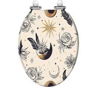 Sedile WC allungato in resina con chiusura lenta e silenziosa, cerniere a sgancio rapido, paracolpi, facile da pulire, decorazione boho con fiori, stelle, costellazioni e lune.