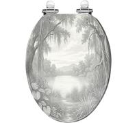 Sedile WC allungato in resina con coperchio per il bagno | Paesaggio della giungla con tranquillo motivo di vegetazione acquatica, cerniere a chiusura silenziosa, sgancio rapido,