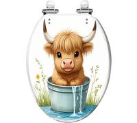 Sedile WC Allungato in Resina con graziosa Mucca Highland e Vitello Dotato di Cerniere a sgancio rapido con Chiusura silenziosa copriwater Decorativo con Secchio Che schizza Acqua Facile
