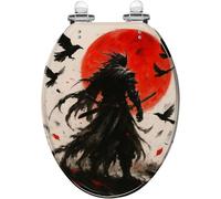 Sedile WC allungato in resina per bagno | Katana Dark Warrior Samurai luna rossa corvo, chiusura silenziosa, cerniere a sgancio rapido, paraurti di copertura, facile