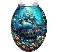 Sedile WC allungato per bagno | Decorazione a forma di nave pirata color corallo con vetrata, facile da installare, con chiusura silenziosa e cerniere a