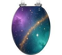 Sedile WC allungato Resin Nebula con chiusura ammortizzata e sgancio rapido | Caratteristiche: campo stellare cosmico, scia dorata, design nebulosa viola-verde acqua, facile da pulire, semplice da