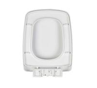 Sedile WC bianco con chiusura ammortizzata rettangolare, 36 x 47 cm, materiale PP, quadrato, sgancio rapido, fissaggio superiore, cerniere regolabili a 360°(06B)