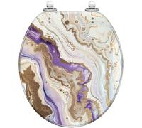 Sedile WC con chiusura ammortizzata e cerniere a sgancio rapido per il | Design astratto barocco effetto marmo, dettagli glitter oro viola, facile installazione, chiusura silenziosa.