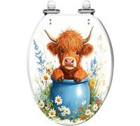 Sedile WC decorativo in resina con cerniere a sgancio rapido, chiusura silenziosa, secchio blu mucca delle Highland e fiori colorati, facile da pulire e installare