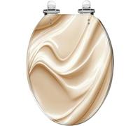 Sedile WC generico in resina con cerniere allungate a sgancio rapido, | Chiusura lenta e silenziosa, include coprisedile coordinato, finitura testurizzata color crema, effetto 3D, facile da pulire.