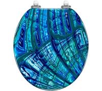 Sedile WC Rotondo Blu Verde Perla Conchiglia Onda Verde Acqua Labradorite Minerale Pietra preziosa Resina Marina Coperchio WC con Cerniere a sgancio rapido e Chiusura silenziosa Sedile Decorativo co