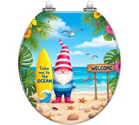 Sedile WC rotondo con cerniere a sgancio rapido e chiusura ammortizzata per | Gnomo da spiaggia in resina a forma di tavola da surf, decorazione per paradiso tropicale, con copertura, facile da pulire,