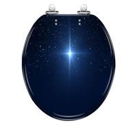 Sedile WC rotondo, coperchio con chiusura ammortizzata e cerniere a sgancio | Materiale in resina, stella di Natale Betlemme, design cielo stellato blu scuro, funzionamento silenzioso, paraurti di