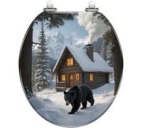 Sedile WC rotondo decorativo con orso nero che cammina nella foresta innevata accogliente cabina invernale paesaggio in resina sedile WC con chiusura silenziosa cerniere a sgancio rapido facile da