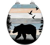 Sedile WC rotondo decorativo in resina con silhouette di orso e uccello su tavola di legno rustico, cerniere a sgancio rapido con chiusura silenziosa, facile da pulire e installare.