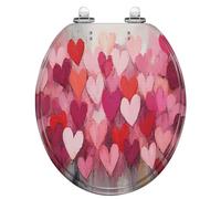 Sedile WC rotondo in resina a forma di cuore rosa con chiusura ammortizzata | Cerniere a sgancio rapido, facili da pulire e installare, motivo a cuori romantici sovrapposti, adatte alla maggior parte dei