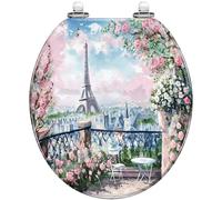 Sedile WC rotondo in resina, chiusura ammortizzata e silenziosa, per uso | Cerniere a sgancio rapido, facili da pulire, decorate con un motivo floreale raffigurante il paesaggio urbano di Parigi,