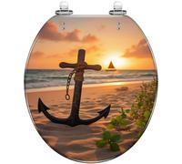 Sedile WC rotondo in resina, con chiusura ammortizzata e sgancio rapido per | Ancora rustica, spiaggia sabbiosa, tramonto, barca a vela, onde dell'oceano, design stampato, con copertura, facile da pulire