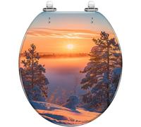 Sedile WC rotondo in resina con chiusura ammortizzata e silenziosa, per uso | Vanta un design ispirato al tramonto, alla foresta nebbiosa e innevata della Lapponia finlandese, con cerniere a sgancio