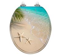 Sedile WC rotondo in resina con coperchio a chiusura ammortizzata e | Design con stelle marine e foglie di palma sulla spiaggia, motivo con onde oceaniche di sabbia bianca, paracolpi, facile da