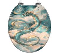 Sedile WC rotondo in resina con design impressionista a drago, a sgancio | Presenta un drago impressionista tra vorticose nuvole color verde acqua dorato, si chiude silenziosamente, è facile da