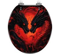 Sedile WC rotondo in resina con sgancio rapido e chiusura ammortizzata, | Design vintage con doppio drago rosso fuoco, facile da pulire, compatibile con WC standard, accessorio decorativo per il