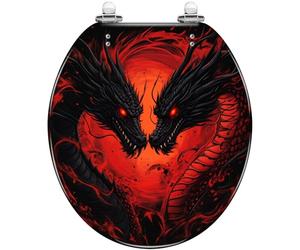 Sedile WC rotondo in resina con sgancio rapido e chiusura ammortizzata, | Design vintage con doppio drago rosso fuoco, facile da pulire, compatibile con WC standard, accessorio decorativo per il