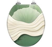 Sedile WC rotondo in resina con texture verde botanica per il bagno | Cerniere a chiusura silenziosa, sgancio rapido, facili da pulire, stile decorativo di metà secolo, motivo botanico