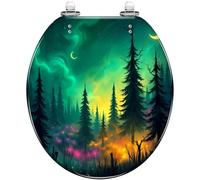 Sedile WC rotondo in resina per bagno | Design mistico con stelle luminose nella foresta, cerniere a chiusura ammortizzata, funzione di sgancio rapido, facile da