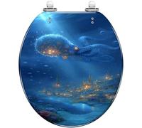 Sedile WC rotondo in resina per bagno | Tranquilla scena oceanica con un'opera d'arte astratta raffigurante un polpo e un pesce blu, cerniere a sgancio rapido,
