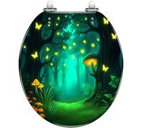 Sedile WC rotondo in resina | Stampa magica di lucciole e funghi nella foresta, cerniere a sgancio rapido, copertura decorativa, facile da pulire e