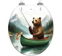 Sedile WC rotondo in resina stampata, con cerniere a sgancio rapido e | Design rustico con cornice e stampa raffigurante un orso grizzly che pesca in canoa, una vista sulle montagne e un fiume,