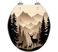 Sedile WC rotondo rustico, nero, con chiusura ammortizzata, per bagno | Materiale in resina, cerniere a sgancio rapido, motivo bosco con orso e alce, facile da pulire.