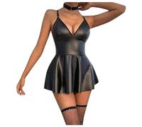 Seducente abito lingerie da donna con bretelle regolabili, gonna in ecopelle per momenti intimi, elegante outfit bondage con anelli in metallo, set di biancheria intima femminile per serate sensuali e