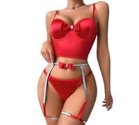 Seducente set intimo con fiocco di strass, schiena scoperta, biancheria intima divisa in tre pezzi per notti emozionanti, materiale elastico con accenti di cristallo lucidi, fascino femminile, Colore