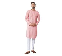 See Designs Kurta da uomo a maniche lunghe con colletto alla coreana e spacco laterale ricamato con paillettes Chanderi in seta dritta con pigiama, rosa, L