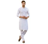 See Designs Kurta da uomo a maniche lunghe in cotone Pintex Design Thread Work colletto alla coreana spacco laterale con pigiama, bianco, L
