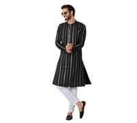 See Designs Kurta dritto da uomo a maniche lunghe con colletto alla coreana e spacco laterale con paillettes ricamate in pura seta Chanderi con pigiama, Nero , L