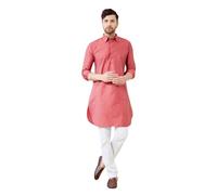 See Designs Kurta Pathani Kurta Kurta - Kurta in cotone, tinta unita, con orlo curvo, maniche lunghe e spacco laterale, da uomo, Rosso, L