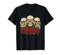 See No Evil Hear No Evil Speak No Evil Skull Roses Maglietta