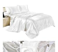 seebesteu Completo Lenzuola Federe Lenzuolo Copripiumino in Satin Raso Matrimoniale Una Piazza e Mezza Tinta Unita (Bianco, 200x230cm)