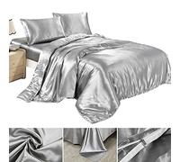 seebesteu Completo Lenzuola Federe Lenzuolo Copripiumino in Seta Satin Raso Matrimoniale Una Piazza e Mezza Tinta Unita Grigio (200 x 230cm)