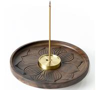 SEEDWAVE Portaincenso a forma di loto, porta bastoncini d'incenso in legno di noce con 3 fori, cattura cenere in ottone per meditazione e yoga (Φ12 x 2.5 cm)