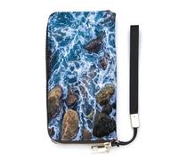 SEEKJOYS Portafoglio da donna con motivo oceano spiaggia pietra portafogli da donna porta carte frizione elegante portafoglio in pelle con cinturino da polso lungo borsa da donna, Ocean Beach Stone,