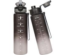 Seekua Sportiva Borraccia Motivazionale 0.6l / 1l / 2l con Cannuccia & Orari per Bere Bottiglia Acqua Tritan per Bici, Palestra, Sport, 2 Coperchi, 1 litro