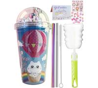 seelucky Bicchiere da viaggio con cannuccia, per ghiaccio, freezer, in plastica, per picnic, feste, regalo di compleanno (gatto 1, 450 ml)