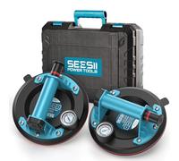 SEESII Set di 2 ventose per piastrelle, con manometro, max 250 kg, sollevatore per vetro laminato con cassetta degli attrezzi portatile, per piastrelle, vetro, marmo