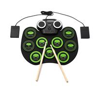 Sefdrert Batteria elettronica, 9 pad batteria con piatto e altoparlanti integrati, regalo e per principianti, attrezzatura musicale portatile (nero verde)
