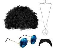 SEFIRST 4 Pezzi Set di Costumi Hippie, Occhiali da Sole Collana Segno di Pace, Baffi Finti Autoadesivi, Parrucca Discoteca, Parrucca Afro Per Carnevale festa a tema, per Festa a Tema Anni 60/70/ 80